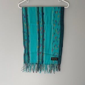 Italian Silk Vibrant Teal Patterned Fringe Scarf - 25”x67”